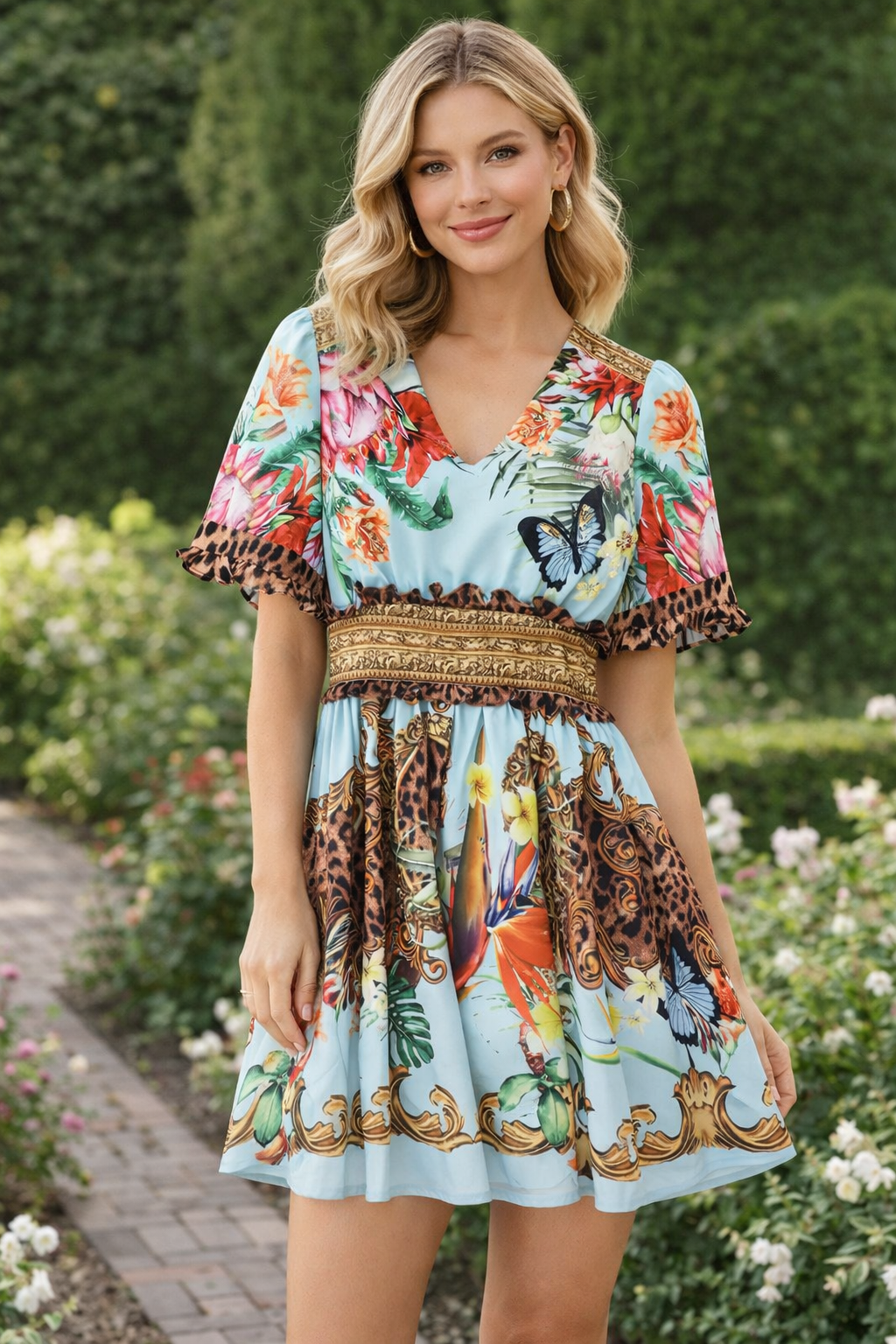 Printed Slim V-neck Dress for Summer Fashion