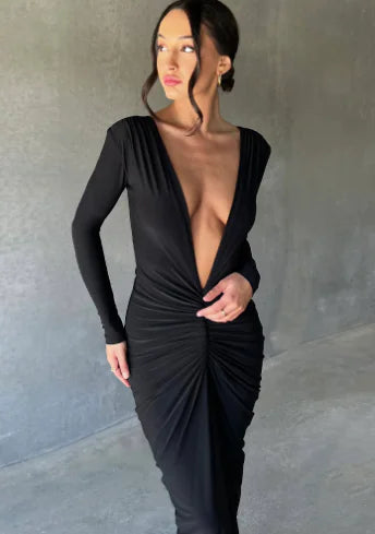 V-neck Slim Fit Pleated Long Sleeve Dress