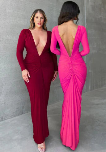 V-neck Slim Fit Pleated Long Sleeve Dress