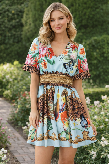 Printed Slim V-neck Dress for Summer Fashion