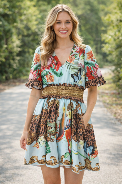 Printed Slim V-neck Dress for Summer Fashion