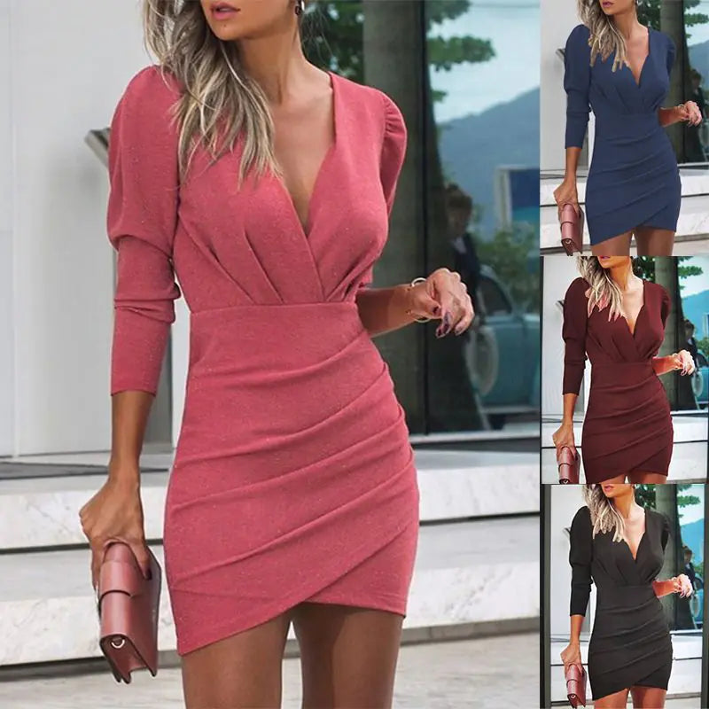 2026 Fashion Women's Slim Fit V-Neck Long Sleeve Dress