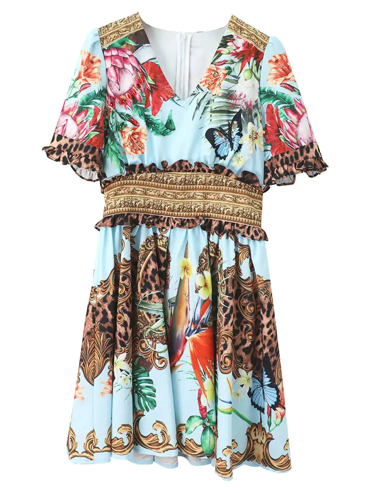Printed Slim V-neck Dress for Summer Fashion