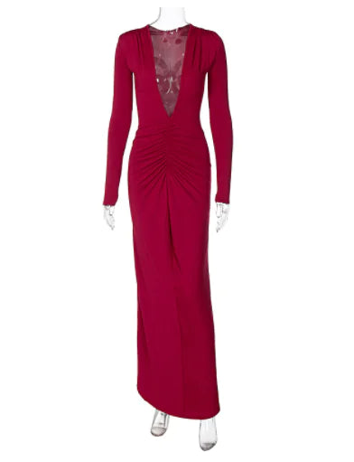 V-neck Slim Fit Pleated Long Sleeve Dress