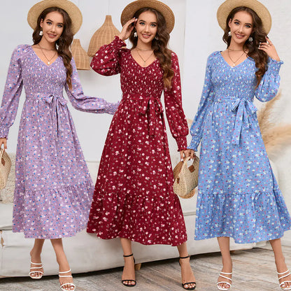 Women's Slim Fit V-neck Floral Long Dress