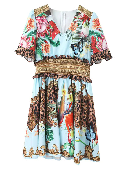 Printed Slim V-neck Dress for Summer Fashion