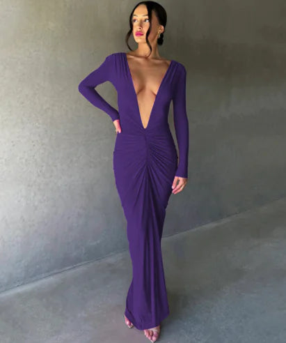 V-neck Slim Fit Pleated Long Sleeve Dress